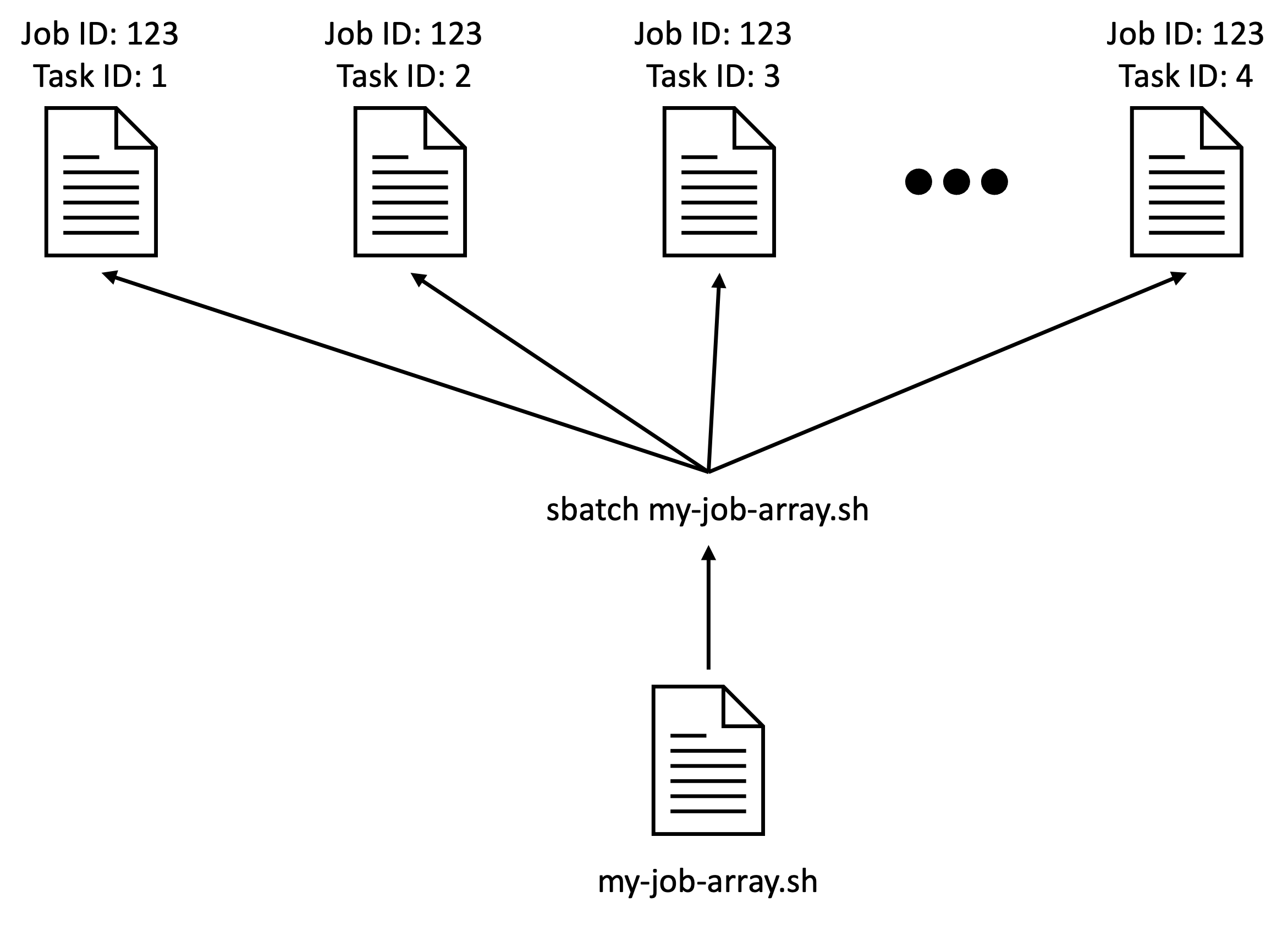 Job arrays submit multiple copies of the same script, each with the same job ID, but unique “task IDs”, which can be used to control each task’s behaviour.
