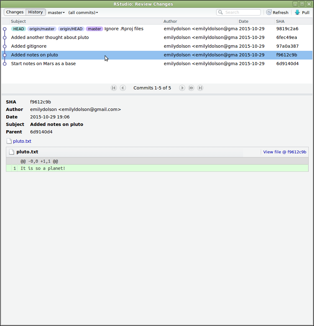 RStudio screenshot showing the "Review Changes" dialog after pressing the "History" button. The top panel lists the commits in the repository, similar to git log. The bottom panel shows the changes included in the commit that has been selected in the top panel.