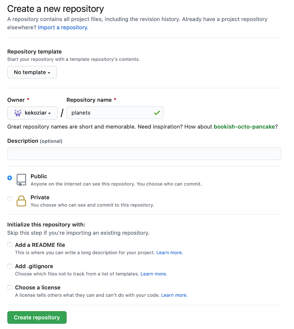 The second step in creating a repository on GitHub: filling out the new repository form to provide the repository name, and specify that neither a readme nor a license should be created